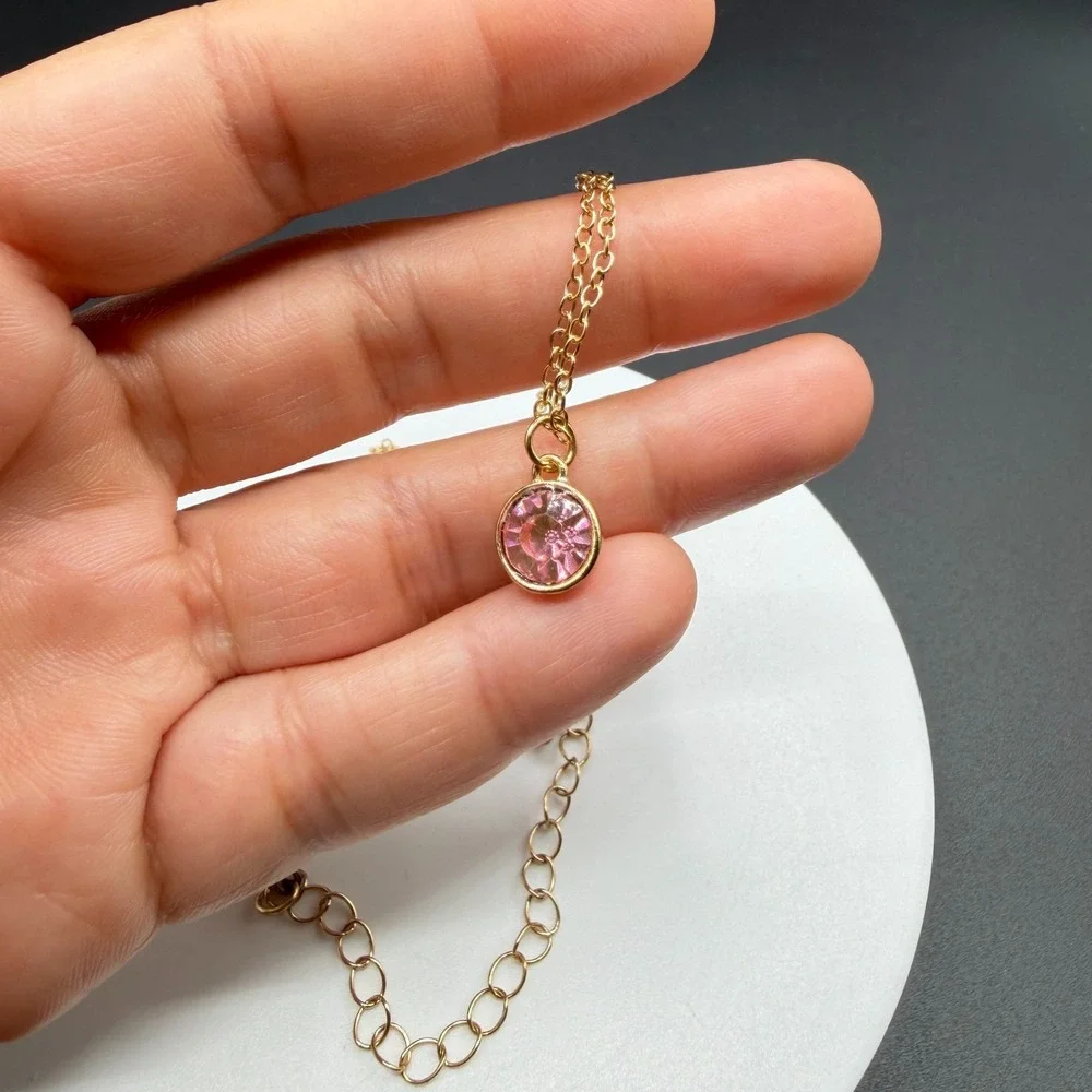Gold Tone Pink Rhinestone Pendant Necklace Round Crystal Adjustable Chain Gift